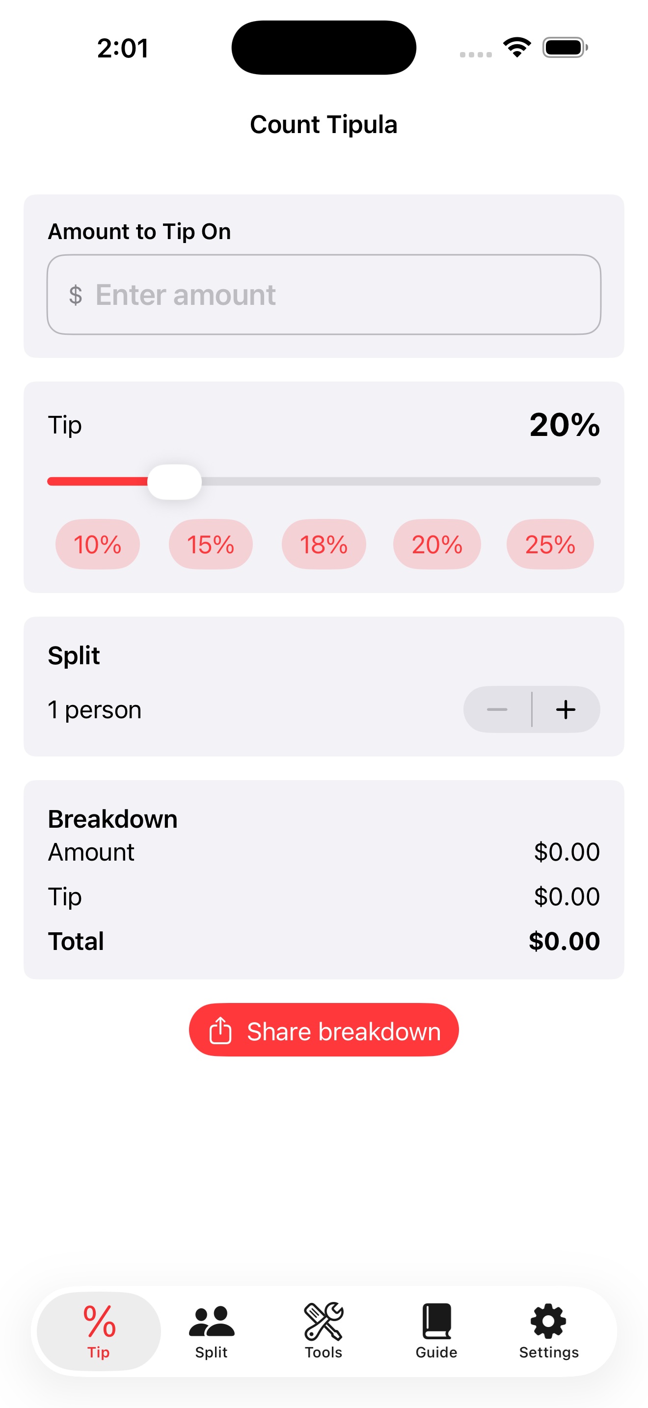 Count Tipula main tip calculator