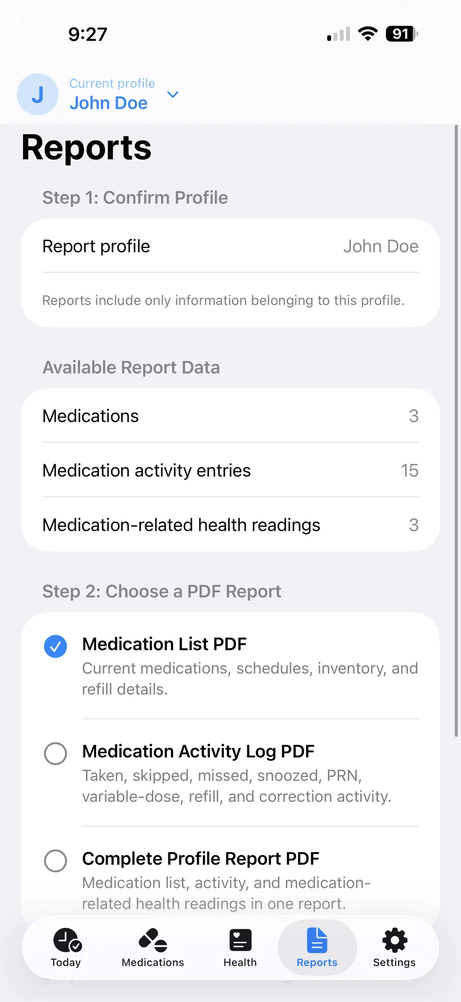 Pill-A-Matic Reports tab